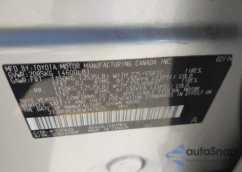 2014 Toyota Rav4 Xle z USA, uszkodzony, nr VIN 2T3RFREV3EW147625